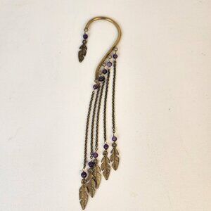 Brass Ear Cuff With Dangle Feathers Purple Beads Womens One Size Boho Festival